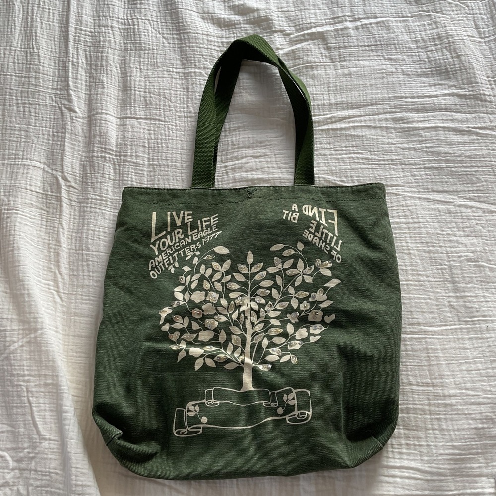 American Eagle Tote Bag Sequin Tree Graphic Green Canvas Casual Large